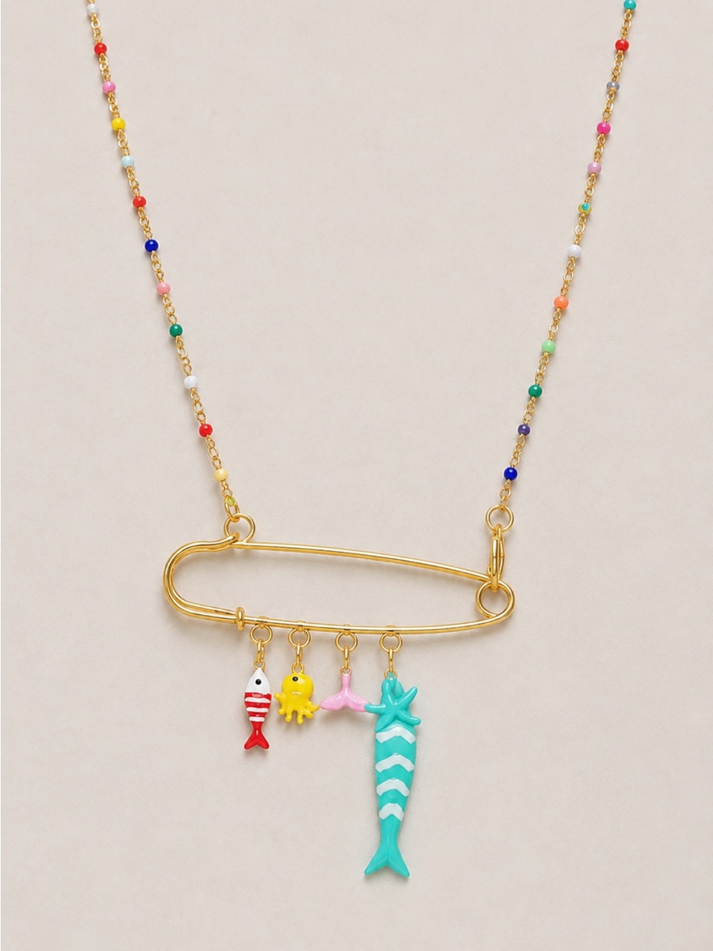 New! Colorful Gold Safety Pin Fish Sardine Charm Necklace NWOT (1052)